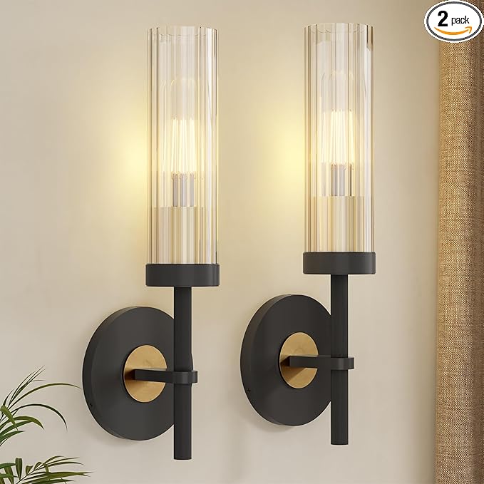 Wall Sconces Set of 2 (with 2 Bulbs), Modern Bathroom Wall Sconces Lighting with Thickened Glass, Hardwired Wall Mount Light Fixtures for Bathroom, Bedroom, Hallway, Living Room(Black & Gold)