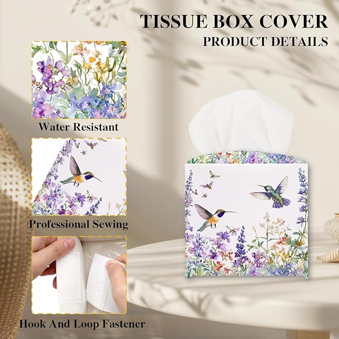 Floral Hummingbird Tissue Box Cover, Purple Tissue Holder Square with Bottom Belt for Home Bathroom Office Vanity Countertop, Housewarming Gifts Ideas for Women Friends Mom Bestie -08