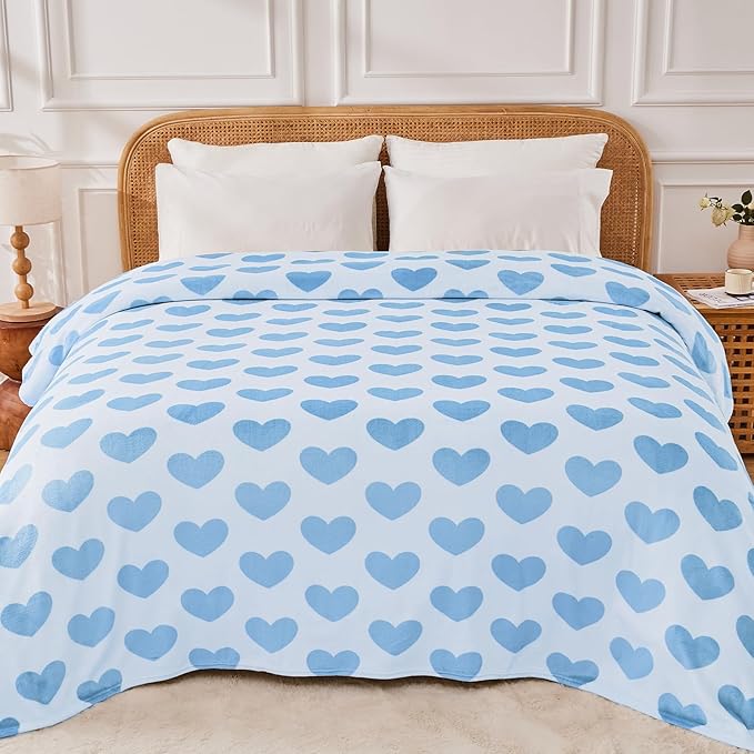 FY FIBER HOUSE Heart Flannel King Blanket Soft Cozy Blankets for Lover Gifts All Season Use, 90x108 Inches, Blue