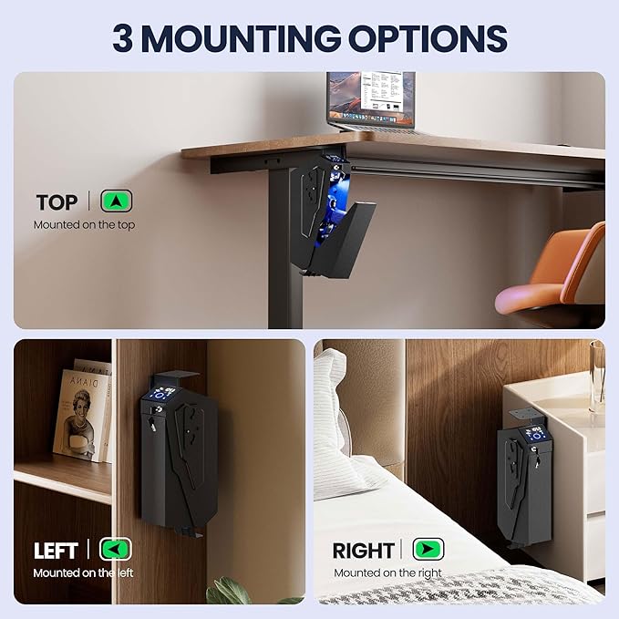 Quick Access Biometric Bedside Gun Safe for handgun, 2 in 1 Mounted Drop Down Nightstand Pistol Safe with Fingerprint & Passcode & Key 3 Ways