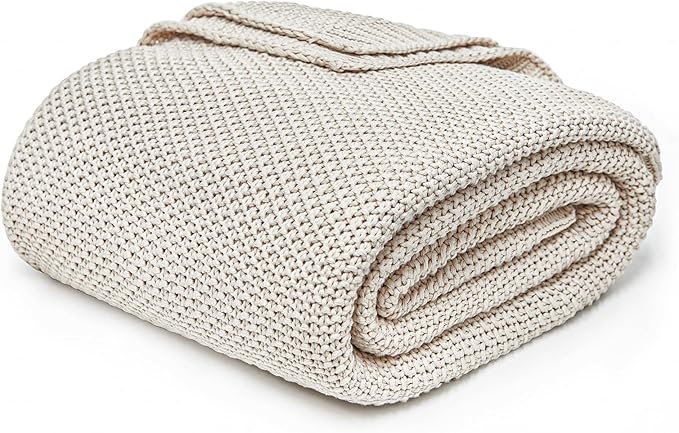 Joydeco Chunky Cable Knit Throw Blanket, Lightweight 100% Organic Cotton Soft Cozy Throw Twin Blanket for Couch Bed and Sofa, Rustic Breathable Farmhouse Blanket Gift for Women Men(Beige, 60"x80")