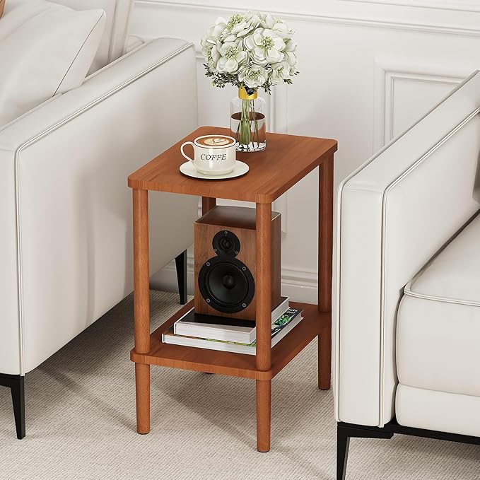 LUCKNOCK Solid Wood Side Table, 2-Tier Small End Table with Storage Shelf, Narrow Nightstand Bedside Table for Small Spaces, Bedroom, Living Room, Farmhouse, No-Tool Assembly.