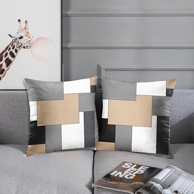 Emvency Set of 2 Brown Geometric Throw Pillow Cover Black Grey White Painting Abstract Checkered Design Decorative Pillow Case Modern Home Decor Standard Square 18x18 Inch Cushion Pillowcase