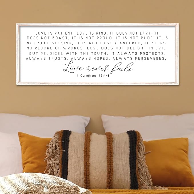 Love is Patient Wall Art Decor 40"×15" Love is Kind Bible Verse Sign 1 Corinthians 13 4-8 Scripture Quote Master Bedroom Above Bed Christian Couple Large Wood Framed Hanging (White)