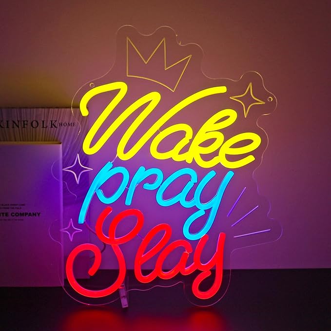 Wake Pray Slay Neon Sign, Neon Signs for Wall Decor Neon LED Signs Room Neon Light Up Signs Home Decor for Bedroom Club Party Bar Shop USB Operated