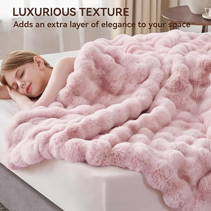 Faux Fur Throw Blanket, 1000GSM Fluffy Soft Bubble Blanket for Couch Bed, Cozy Plush Warm and Thick Blanket, Fuzzy Rabbit Throw for Living Room Bedroom 60''*80'' Pink