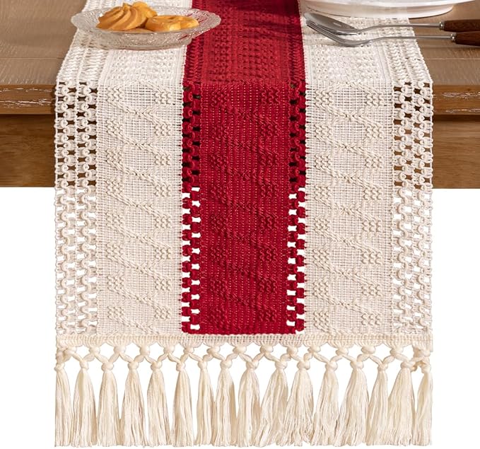 Socomi Boho Table Runner Easter Spring Farmhouse Rustic Dining Kitchen Centerpiece Decor Small Macrame Woven Cotton Linen Coffee Table Runner for Dresser Scarf Home Decor 12x36 in Red Ivory