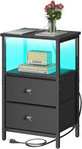 Nightstand with Charging Station, Night Stand with 2 Fabric Drawers PU Finish, Bedside Table End Table with LED Light, 3-Tier Storage Side Table Nightstand with Drawers for Bedroom,Black