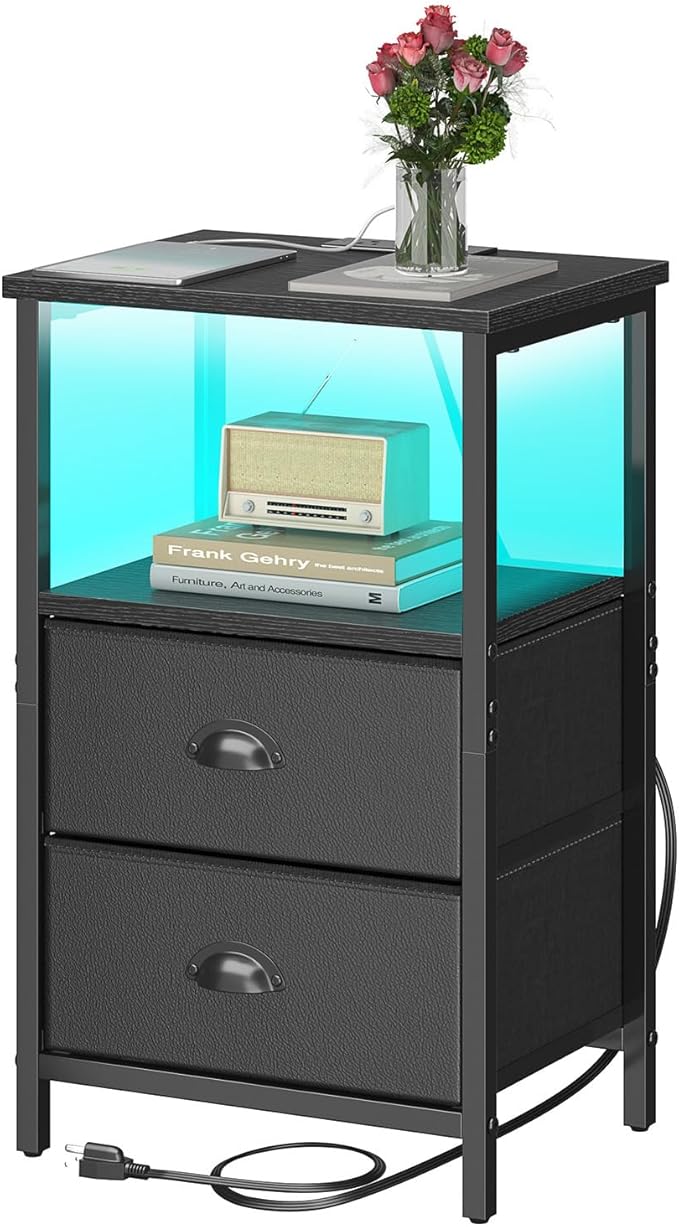 Nightstand with Charging Station, Night Stand with 2 Fabric Drawers PU Finish, Bedside Table End Table with LED Light, 3-Tier Storage Side Table Nightstand with Drawers for Bedroom,Black