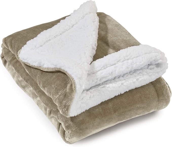 Genteele Sherpa Throw Blanket Super Soft Reversible Ultra Luxurious Plush Blanket, 40 x 50 inches, Taupe/White