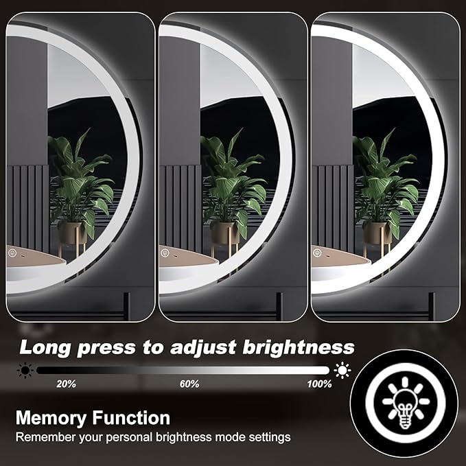 Sweetcrispy 36-Inch Round LED Bathroom Backlit Mirror with Lights, Circle Vanity Mirror with Anti-Fog, Dimmable, 3-Color Light, Memory Function, Tempered Glass