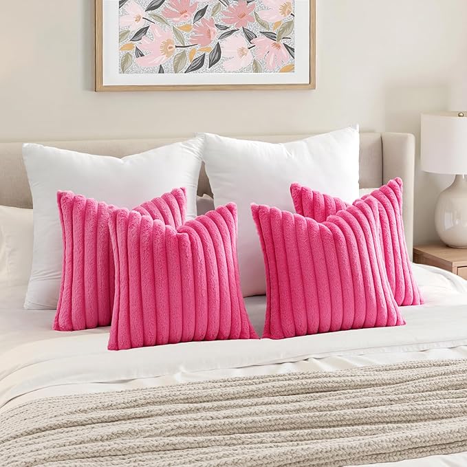 MIULEE Faux Fur Plush Decorative Throw Pillow Covers 18x18 Set of 4, Spring Modern Soft Fuzzy Striped Cushion Covers for Sofa Couch Bed Living Room Cozy Home Decor,Hot Pink