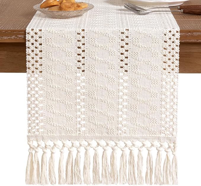 Socomi Boho Table Runner Easter Spring Farmhouse Rustic Dining Kitchen Centerpiece Decor Small Macrame Woven Cotton Linen Coffee Table Runner for Dresser Scarf Home Decor 12x48 inch Cream Ivory