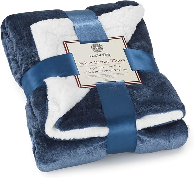 Genteele Sherpa Throw Blanket Super Soft Reversible Ultra Luxurious Plush Blanket, 40 x 50 inches, Navy/White
