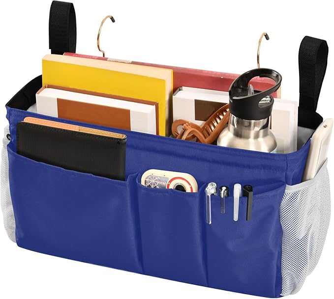 DOMIKING Blue Bedside Caddy for Dorm Bed Recliner Armrest Organizer with Hooks Haning Storage Bags for Headboards Rails Bunk Bed