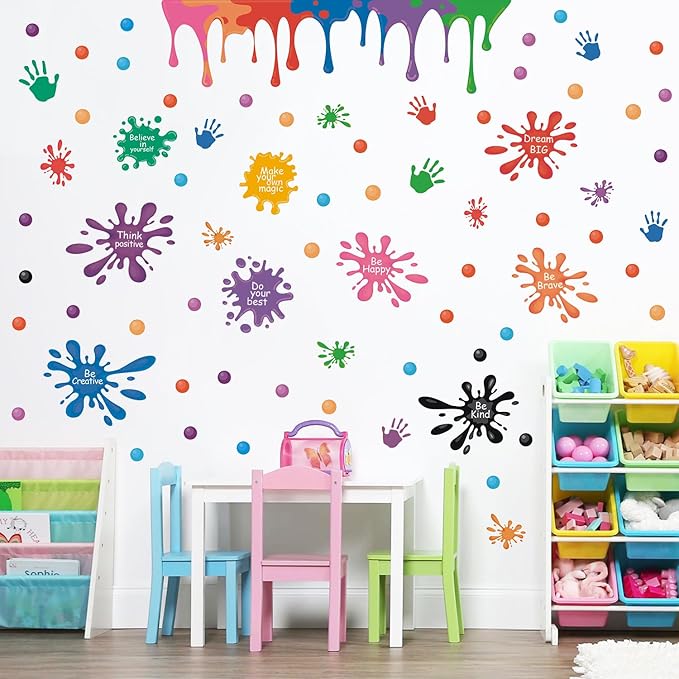 HLNIUC Large Size Inspirational Wall Decals 46PCS Positive Affirmation Ink Splatter Splotches Wall Sticker Growth Mindset Wall Decal Motivational Saying Peel and Stick Wall Stickers for Kid Playroom