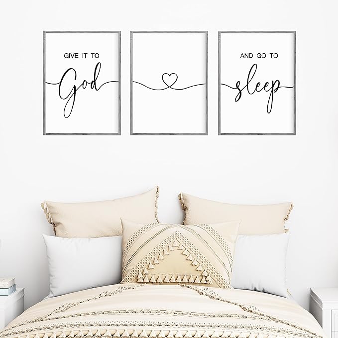 Heiple Give It to God and Go to Sleep Sign Set of 3 Above Bed Wall Decor Farmhouse Bedroom Decor Wood FramedArt Rustic Master Bedroom Essentials Home Decoration (Gray, 11”x14”)