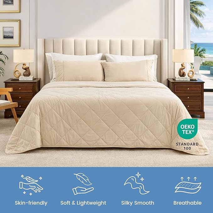 Cozy Bliss Cooling Blanket for Hot Sleepers Queen Size, Q-Max 0.45 Cooling Comfort, Cold Blankets for Night Sweats Sleeping, Ultra-Cool Lightweight Breathable Summer Blanket for Bed, Khaki