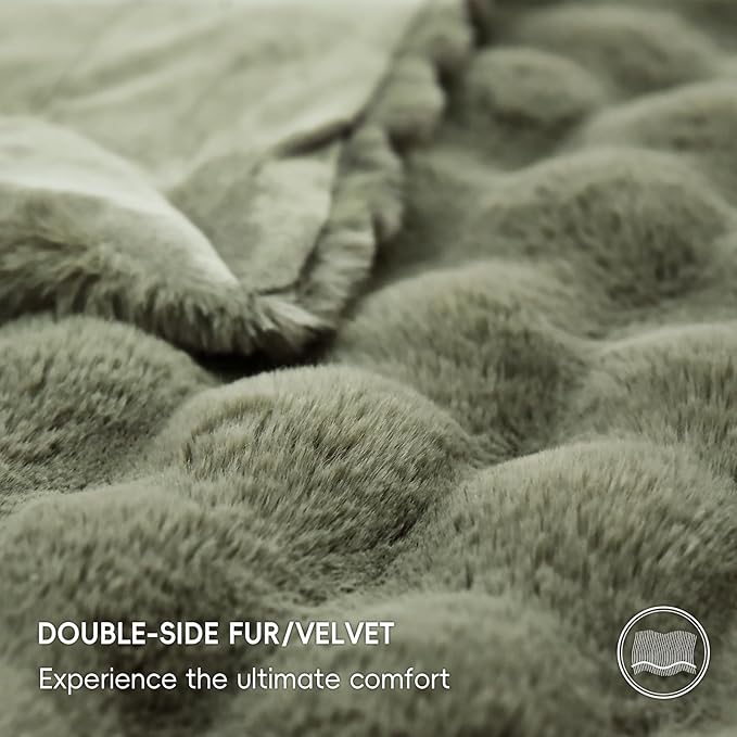 PHF Luxury Faux Rabbit Fur Blanket Twin Size, Ultra Soft Fluffy Plush Cozy Warm Bubble Blanket for Bed, Couch, Sofa Decorative, Thick Reversible Suitable for Fall & Winter, 60" x 80", Olive Green
