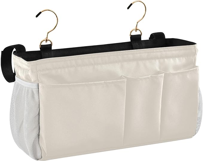 Beige Bedside Caddy Storage Bag Bedside Organizer for Bed Rails College Dorm Room Organizer Caddy Hanging Shelf 6 Pockets with Hooks for Book Glasses Phone Holder