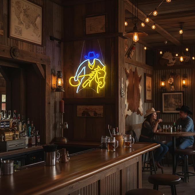 Cowboy Horse Riding Neon Sign for Wall Decor, Western Dimmable LED Wall Light for Man Cave, Bar, Pub, Game Room, or Garage, Cool Art Gift for Men, 15 x 13 inch
