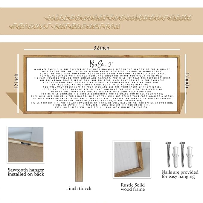 comurdyo Psalm 91 Wall Art Decor 32"X12" Christian Bible Verse Prayer Sign for Large Vintage Farmhouse Wood Framed Minimalist Family Living Room Wall Plaque Horizontal Hanging Decor (Wood)
