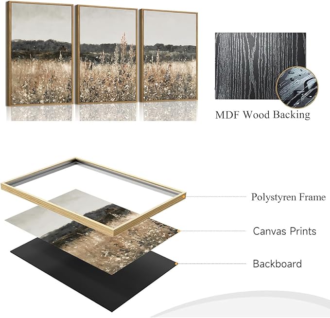 Wodkwq 3 Piece Vintage Landscape Canvas Wall Art Framed,Above Bed Wall Art,Farmhouse decor,Neutral Minimalist Wall Painting,Wildflower Art Prints For Living Room,Bedroom,Office 12x16in