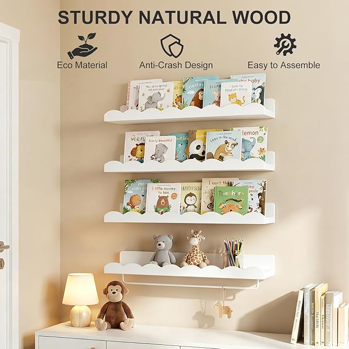 Fixwal Nursery Shelves, 24 Inch Floating Bookshelves for Wall Set of 4, Scalloped Wall Book Shelves with Towel Rack for Kids, Toddler Room, Baby Room, Nursery Decor and Storage(White)