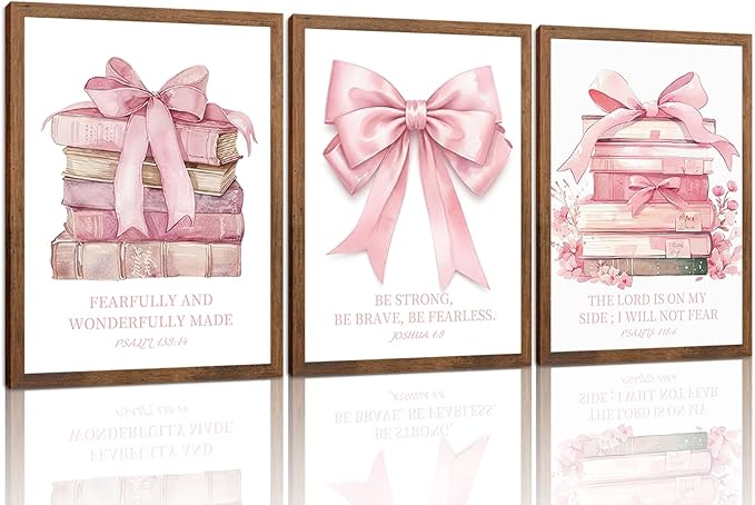 Pink Bow And Book Canvas Wall Art Set of 3, Coquette Trendy Preppy Cute Girl Posters Prints Wall Decor, Book Lovers Gifts for Girls Room College Apartment Living Room Bedroom 16x12In Wood Framed