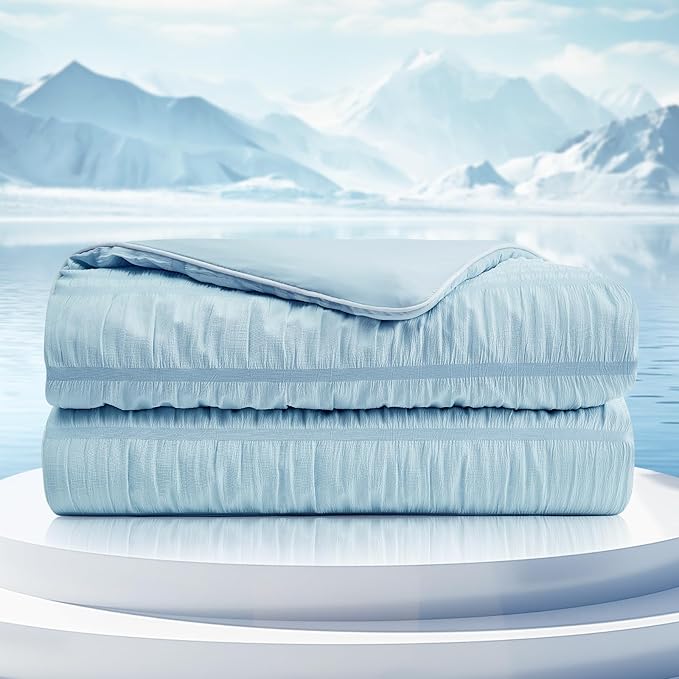 Cozy Bliss Seersucker Cooling Comforter Twin Size, Q-Max 0.45 Reversible Lightweight Cooling Blanket, Breathable Silk Smooth Summer Bedding Quilt for Hot Sleepers Night Sweats Cold Blue