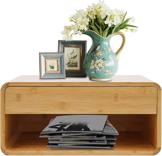 Bamboo Floating Nightstand with Storage Drawer, Wall Mounted Bedside Table End Tables with Open Shelf, Bedside Cabinet Storage Organizer Case Display Box for Bedroom, Fully Assembled
