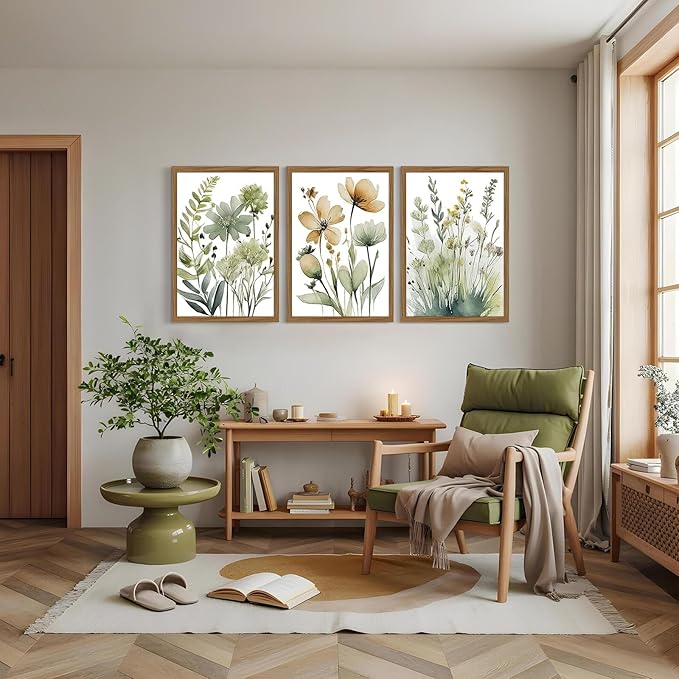 Sage Green Botanical Wall Art Boho Floral Wall Decor Minimalist Plant Canvas Pictures Flower Botanical Prints Watercolor Wildflower Poster Painting for Bathroom Bedroom 12x16x3 Inch Wood Frame