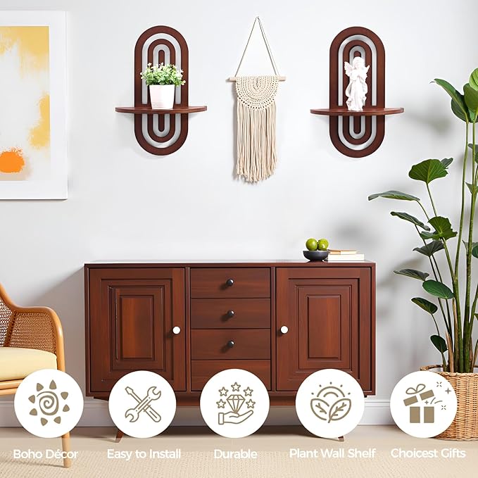Boho Wall Decor Floating Shelves with Arched Design, Wood Wall Decorative Bohemian Art Display Shelf Set of 2 for Living Room, Bedroom, H 16.7" x W 11.8"