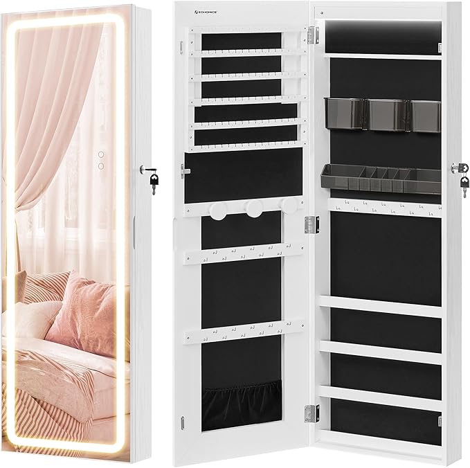 SONGMICS LED Mirror Jewelry Cabinet Armoire, Wall or Door Mounted Jewelry Storage Organizer, Hanging Lockable Frameless Mirror Cabinet with 2 Plastic Cosmetic Organizers, Gift Idea, White UJJC011W01