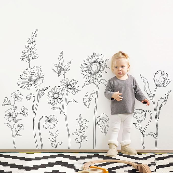 Large Black and White Flower Wall Decals, 3 Sheets Simple Modern Minimalist Sunflower Tulip Wall Stickers Floral Art Decor for Girls Bedroom Home Room Office Adult Gifts for Mom(11.8x35.4 in/Sheet)