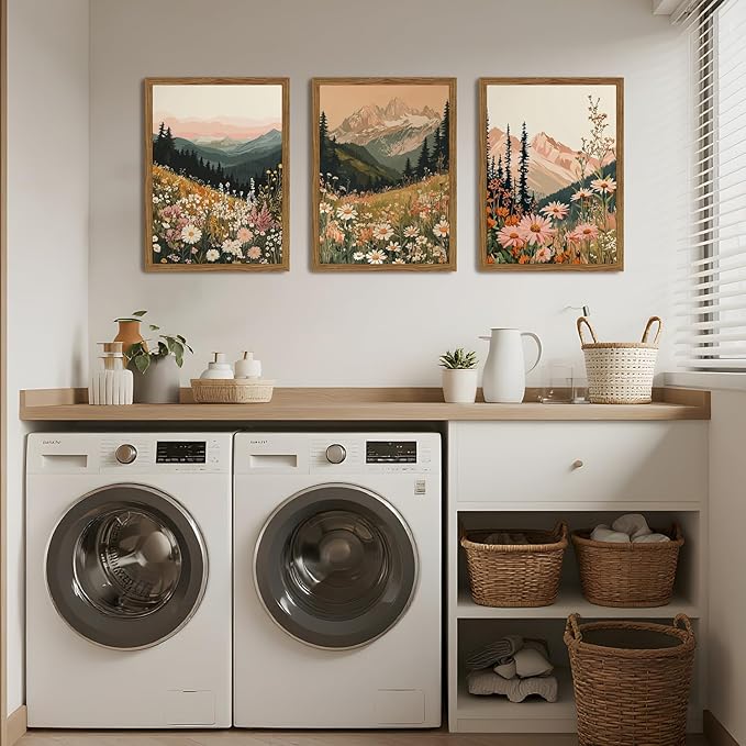 Framed Boho Colorful Wildflower Landscape Wall Art Set of 3, Vintage Floral Mountain Wall Decor Paintings, Nature Flower Pictures Canvas Prints for Living Room Bedroom Office 16x24 inch