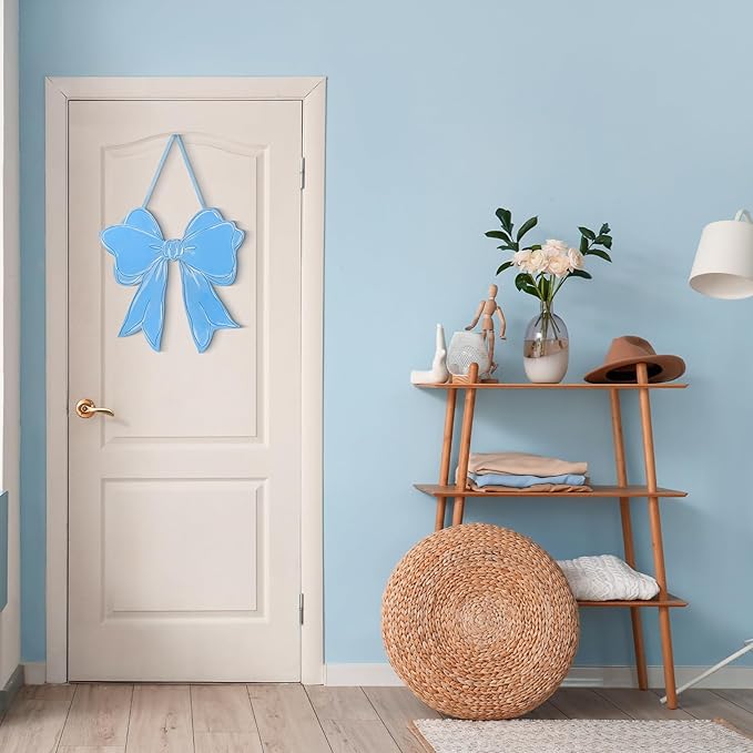 RattanView Bow Wooden Hanging Sign Coquette Bow Wall Hanging Cute Preppy Wall Art Bowknot Welcome Door Sign Girly Decor for Girls Room College Dorm Apartment Indoor Outdoor Porch (Dusty Blue)