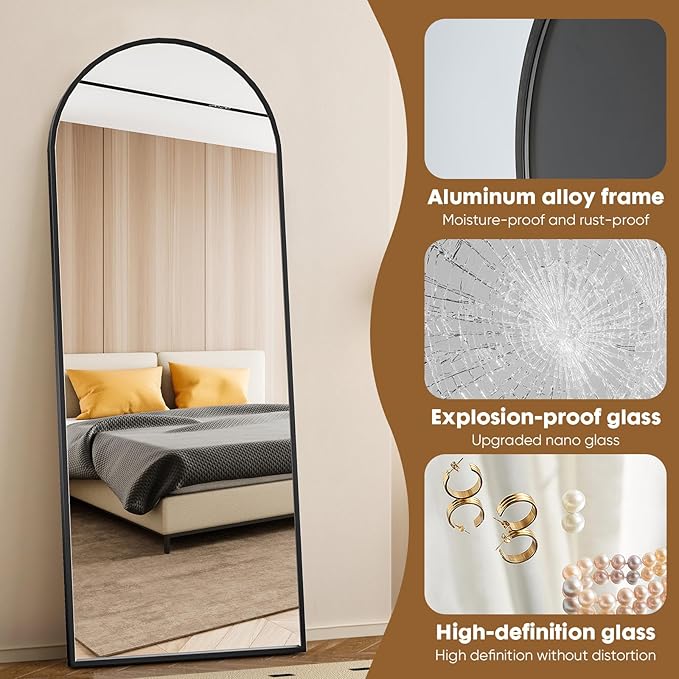 NEWBULIG Arched Full Length Mirror 24"x 65" for Bedroom, Full Body Mirror with Stand, Hanging or Leaning for Wall, Aluminum Alloy Thin Frame Floor Standing for Living Room, Long, Black
