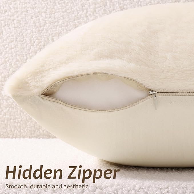 Pallene Faux Fur Plush Throw Pillow Covers 16x16 Set of 2, Soft Fluffy Couch Pillow Covers for Living Room, Beige