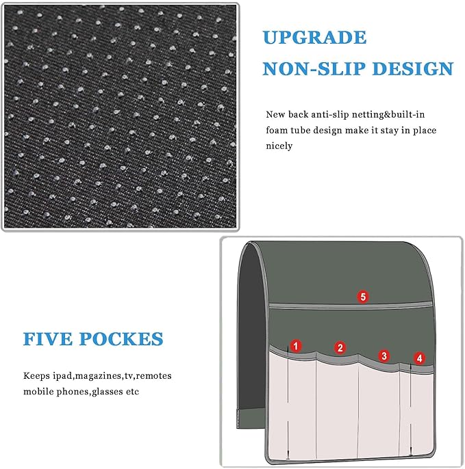 Armrest Organizer Non Slip Remote Control Holder Arm Chair Couch Caddy For Recliner Sofa Bedside With 5 Pocket Storage for Tablet Phone iPad (Winred, W13" x L33")