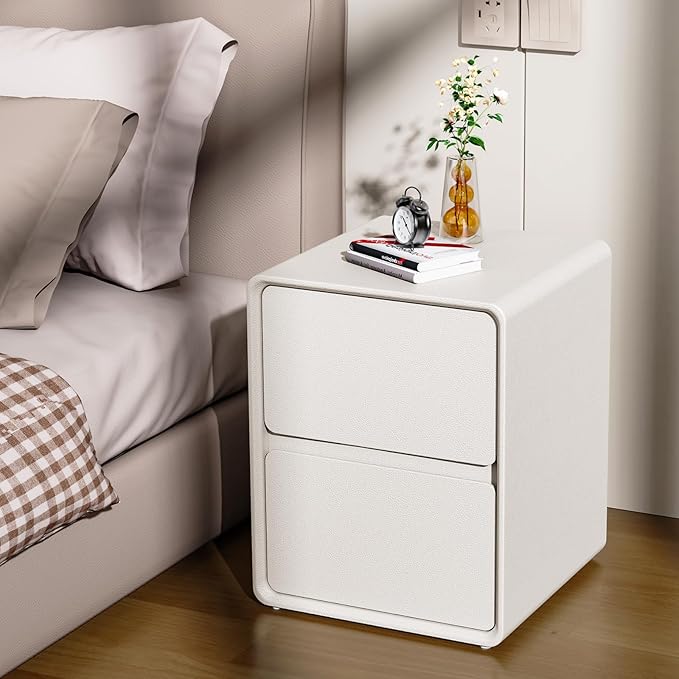 VICITON Modern Narrow Faux Leather Nightstand, Solid Wood Drawer, Storage Accent Table, Small Side End Table for Bedroom (Cream White, Large(15.8 inch))