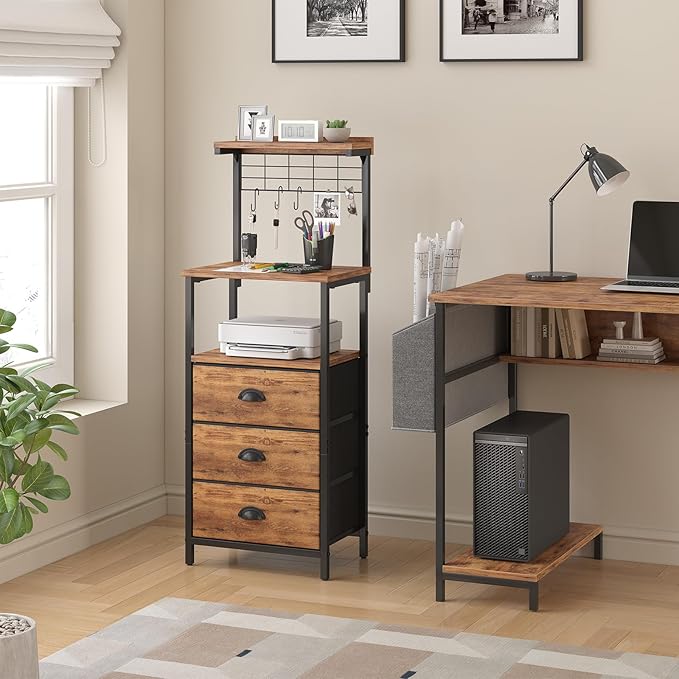 Tall Nightstands with Charging Station, LED Night Stand Bedsides with 3 Fabric Drawers,Hooks,USB Port and Open Storage Shelves,Tall End Table Bedside Tables for Bedroom,Office, Rustic Brown
