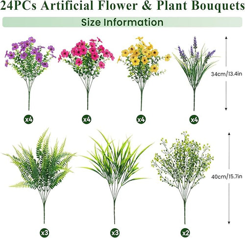 Alupssuc 24 Bundles Artificial Flowers for Outdoors Spring Summer Decoration, UV Resistant Faux Eucalyptus Violet and Lavender Silk Fake Plants for Outside Indoor Yard Home Patio Decor, Mix 3 Colors