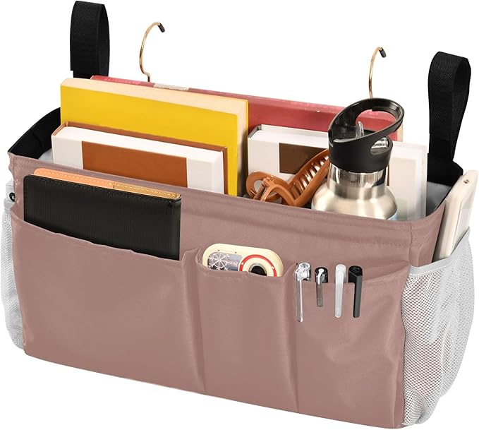 DOMIKING Rose Gold Bedside Caddy for Dorm Bed Recliner Armrest Organizer with Hooks Haning Storage Pockets for Tablet Phone Magazine