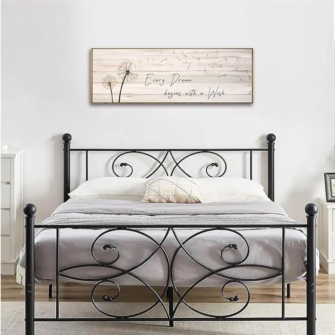 Dandelion Wall Art - Every Dream Begin with A Wish Rustic Farmhouse Wall Decor Framed Canvas Wall Art Bedroom Wall Decor Above Bed Dandelion Art Decor Vintage Room Decor (Wooden Frame) 46x19inch