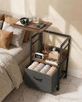 360° Swivel Nightstand with Height Adjustable, Lift Top Bedside Table with Charging Station, Rolling Night Stand with Fabric Drawer, End Table with Wheels, for Bedroom, Living Room, Walnut Gray