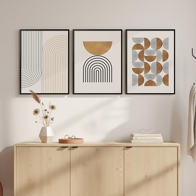 Framed Boho Wall Art for Bedroom, 3 Piece Modern Geometric Canvas Artwork for Walls, Neutral Minimalist Picture Prints for Living Room Dining Room Kitchen Hallway Wall Decor, 12x16 Inch