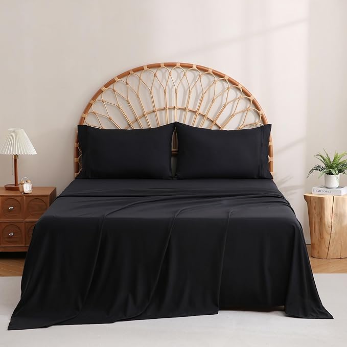 JSD Black Full Sheet Set with Side Pocket Corner Straps, 4 Piece Soft Microfiber Bed Sheets Extra Deep Pocket