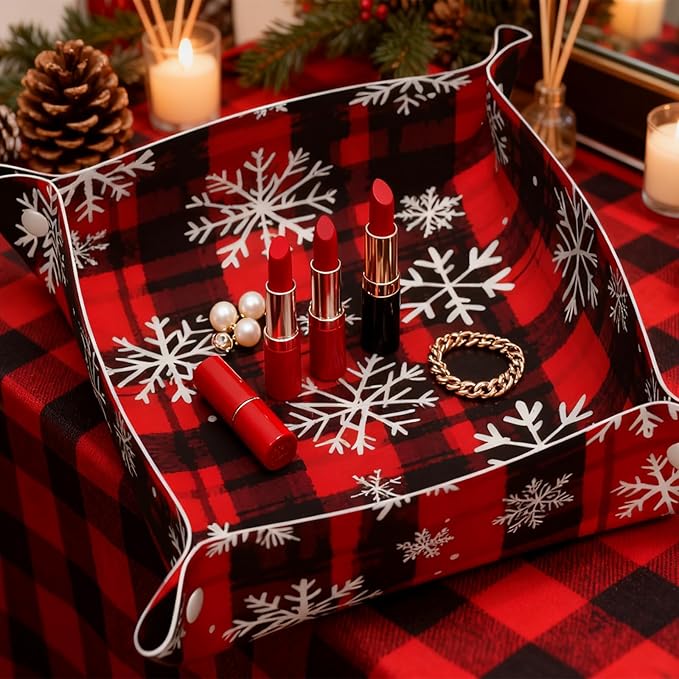 Tray Leather Valet Tray Snowflake Buffalo Plaid Catchall Trays Key Organizer Night Stand Organizer Bedside Vanity Trays Decor for Entryway Table