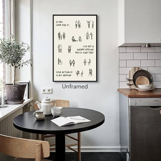 Beige and Black Canvas Wall Art, Love Actually Is All Around Warming Quote Poster, Neutral Hues Tiny People Walking Picture, Minimal Typography Print for Bedroom Living Room 12x16in Unframed